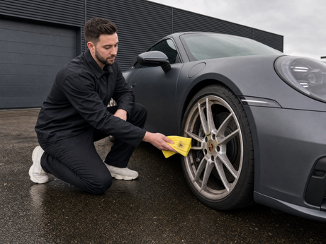 Daniel wischt mit gelbem Mikrofasertuch eine bremsstaub-verschmutzte silberne Felge eines dunkelgrau-matten Porsche 911 in der Detailing1-Werkstatt — gezeigt im Artikel "Felgen versiegeln im Mai und Bremsstaub auf Distanz halten"