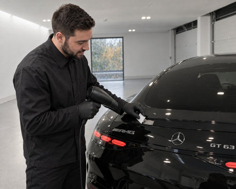 Detailing1 sticker verwijderen op een zwarte Mercedes-AMG GT 63 — föhn verwarmt de lijm, plastic pasje tilt de hoek op