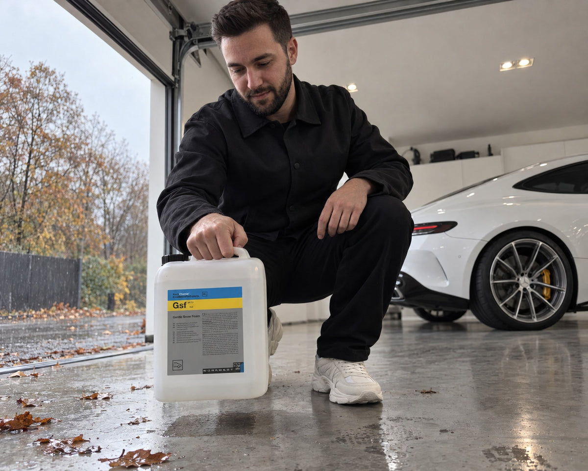 Detailing1 Autopflege richtig lagern — Daniel hebt den Koch-Chemie Gsf 5-Liter-Kanister vom kalten Boden am offenen Tor