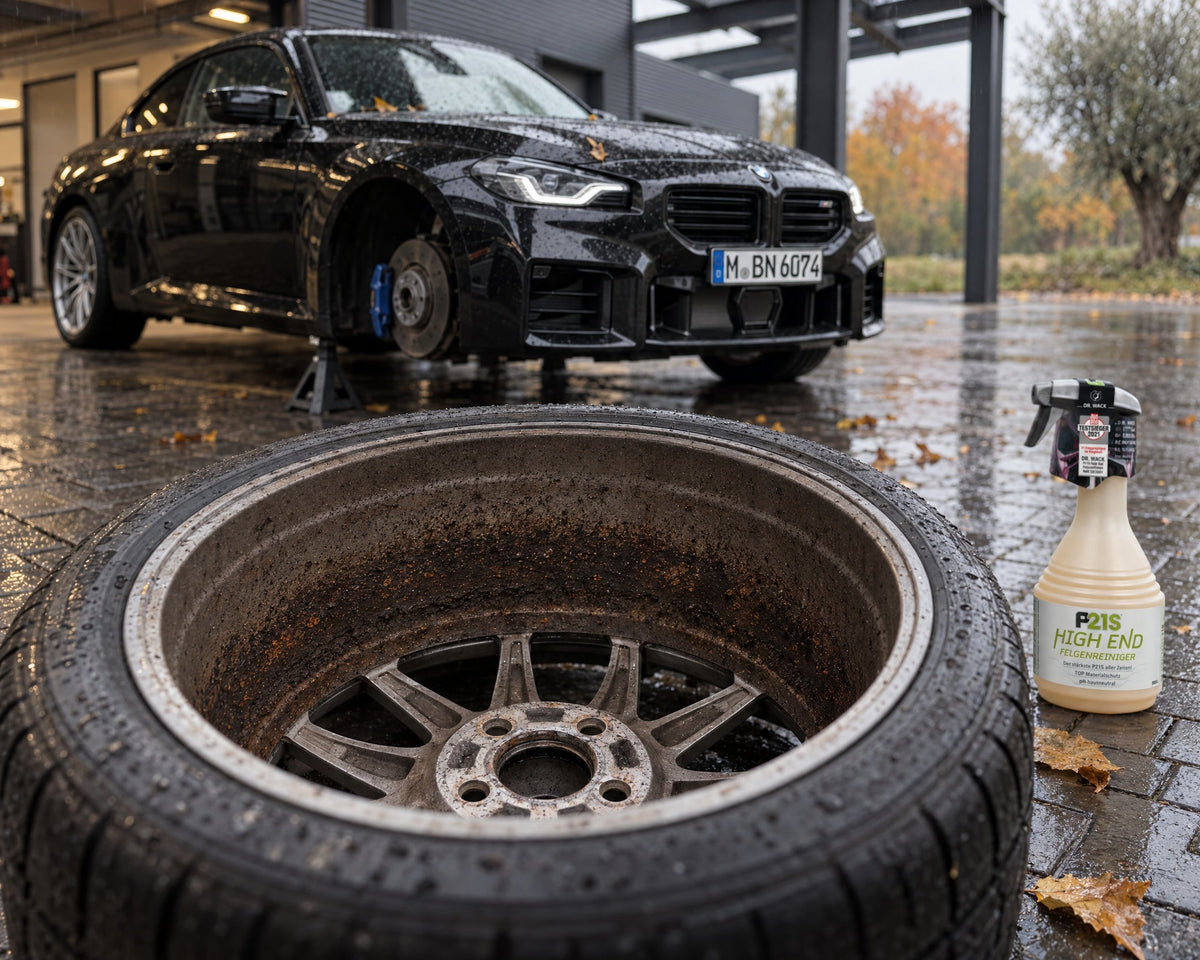 Dr. Wack P21S HIGH END velgenreiniger naast een los BMW M2-wiel met ingebrand remstof in het velgbed