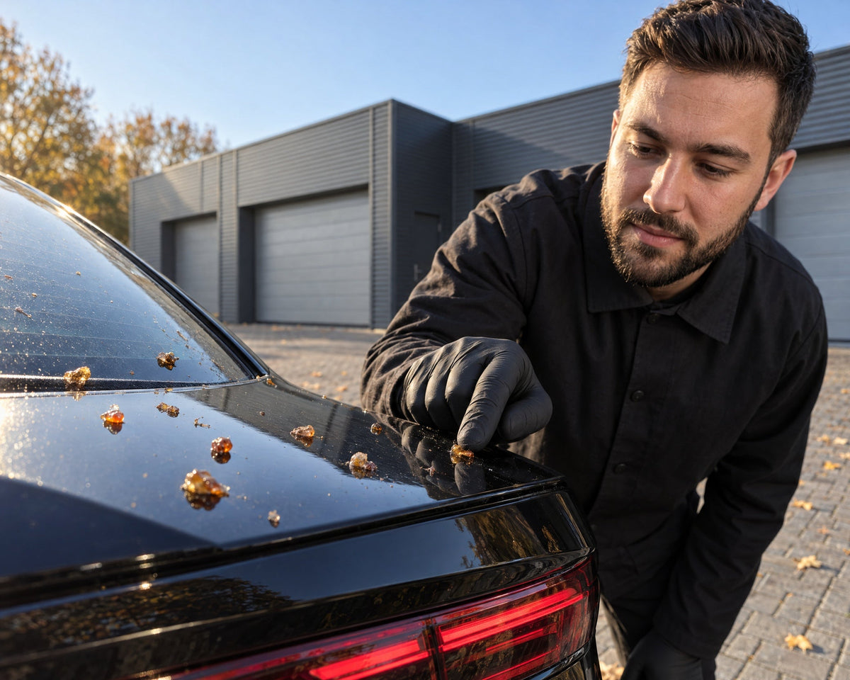 Detailing1 résine séchée sur une Audi RS 5 noire — Daniel contrôle les gouttes dures sur le coffre