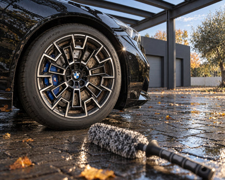 THE COLLECTION Flex Brush Mikrofaser-Felgenbürste auf nassem Pflaster vor der Bremsstaub-Felge eines schwarzen BMW M5