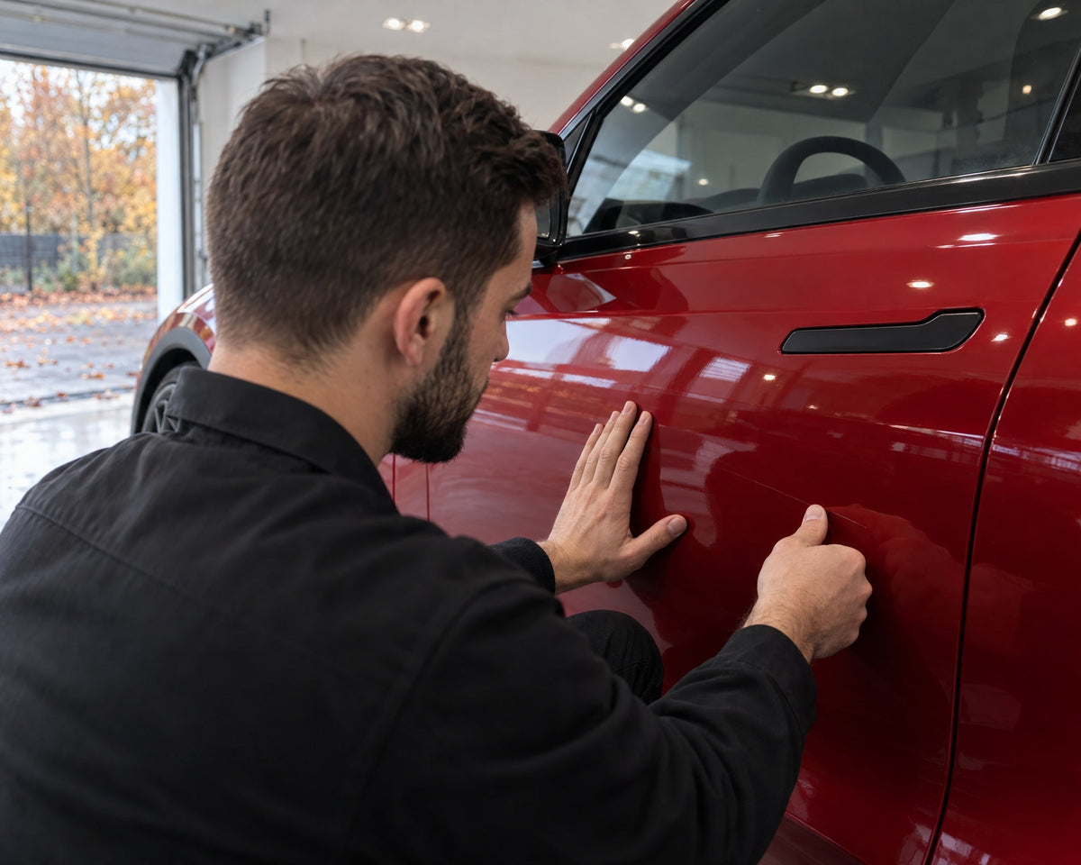 Detailing1 kras wegpolijsten — Daniel test met zijn nagel een fijne kras op het rode portier van de Tesla Model Y