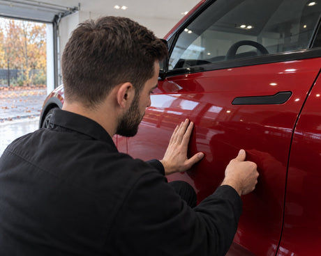 Detailing1 kras wegpolijsten — Daniel test met zijn nagel een fijne kras op het rode portier van de Tesla Model Y