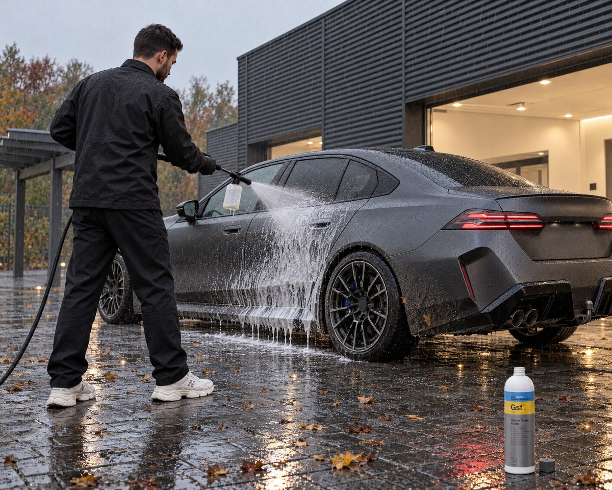 Detailing1 matte lak onderhouden: Daniel schuimt een matgrijze sedan in de regen voor met Koch-Chemie Gentle Snow Foam "Gsf"
