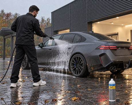 Detailing1 matte lak onderhouden: Daniel schuimt een matgrijze sedan in de regen voor met Koch-Chemie Gentle Snow Foam "Gsf"