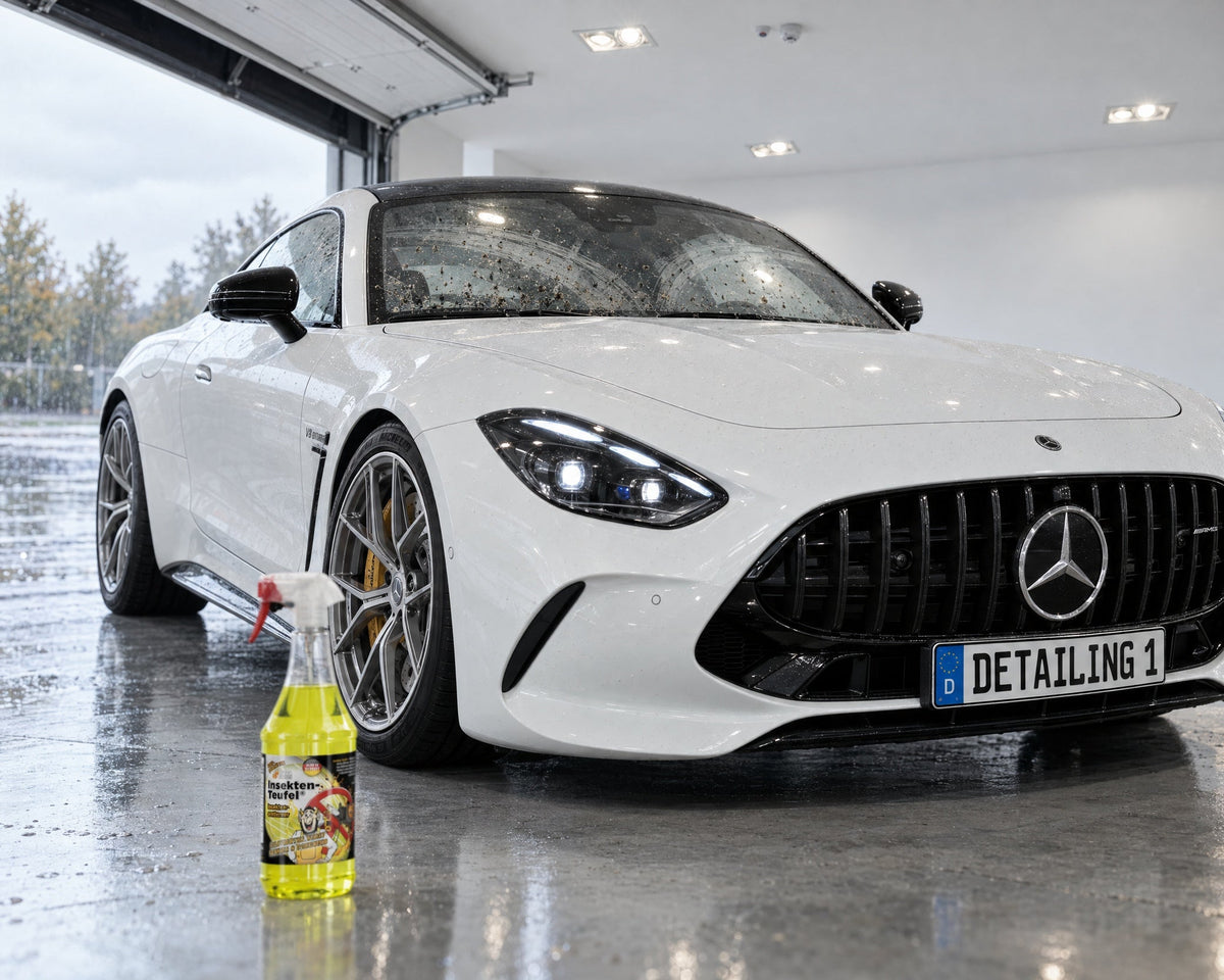 TUGA Chemie Insekten-Teufel devant une Mercedes-AMG GT avec des restes d’insectes sur le pare-brise — illustré dans l’article « 5 raisons pour lesquelles ton pare-brise laisse des traces après l’été »