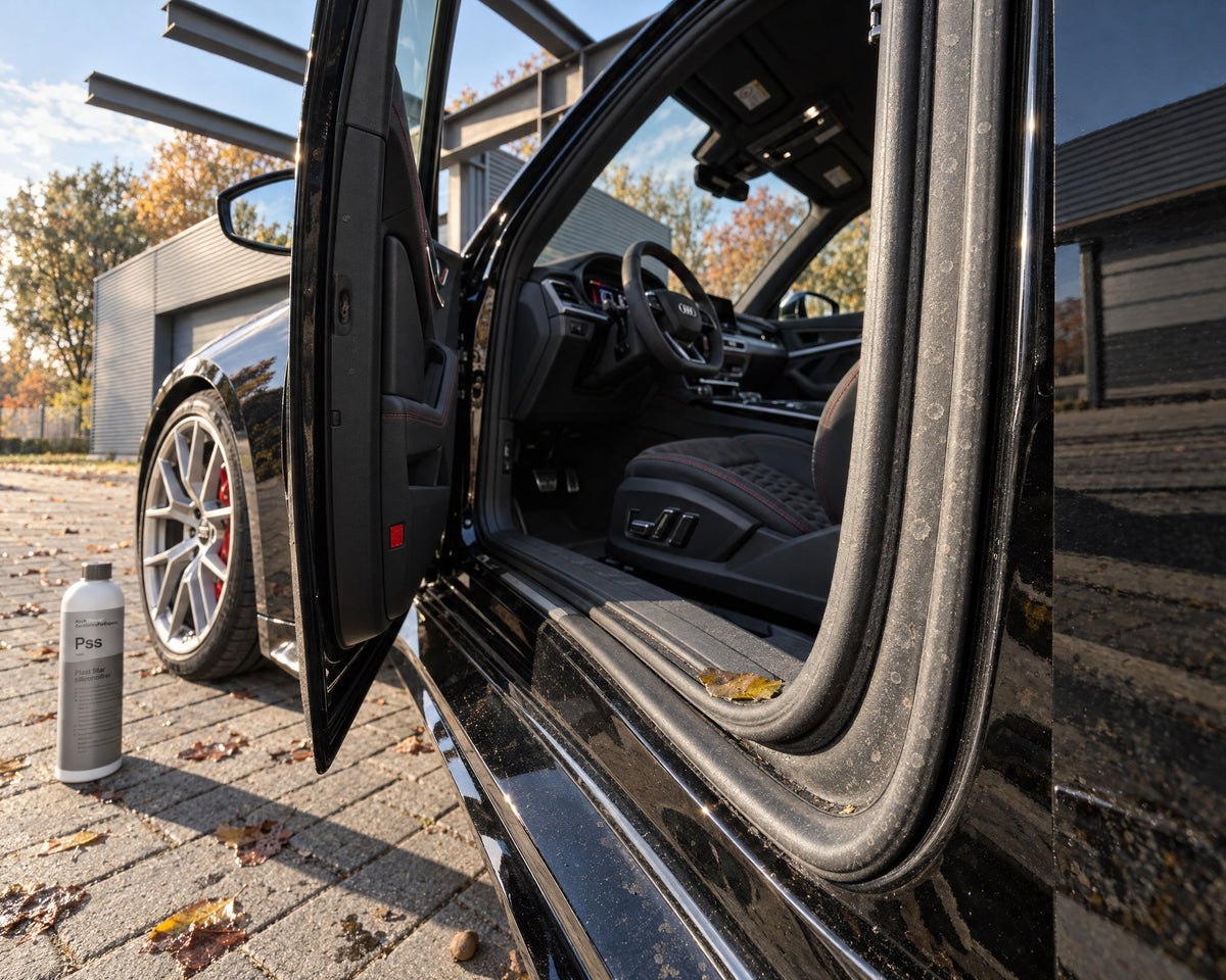 Koch-Chemie Plast Star naast open deur van een Audi RS 5 met stoffig, dof deurrubber vóór de eerste vorst