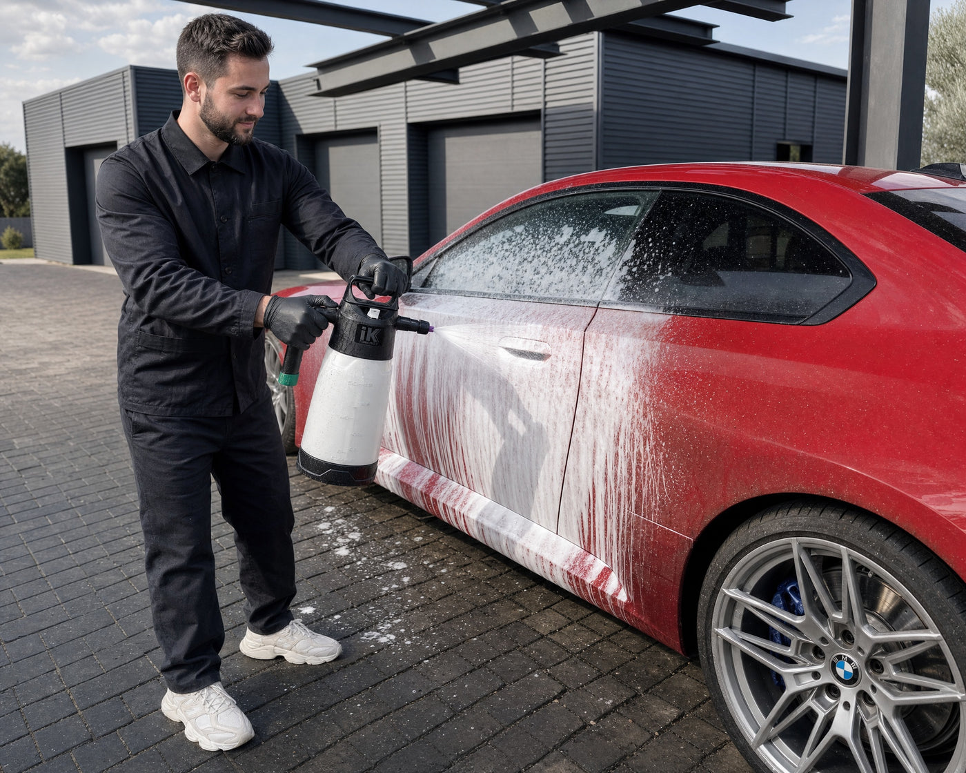 Detailing1 iK Sprayers iK Foam Pro 2: dichter Vorwäsche-Schaum auf rotem BMW M2 (Desktop)