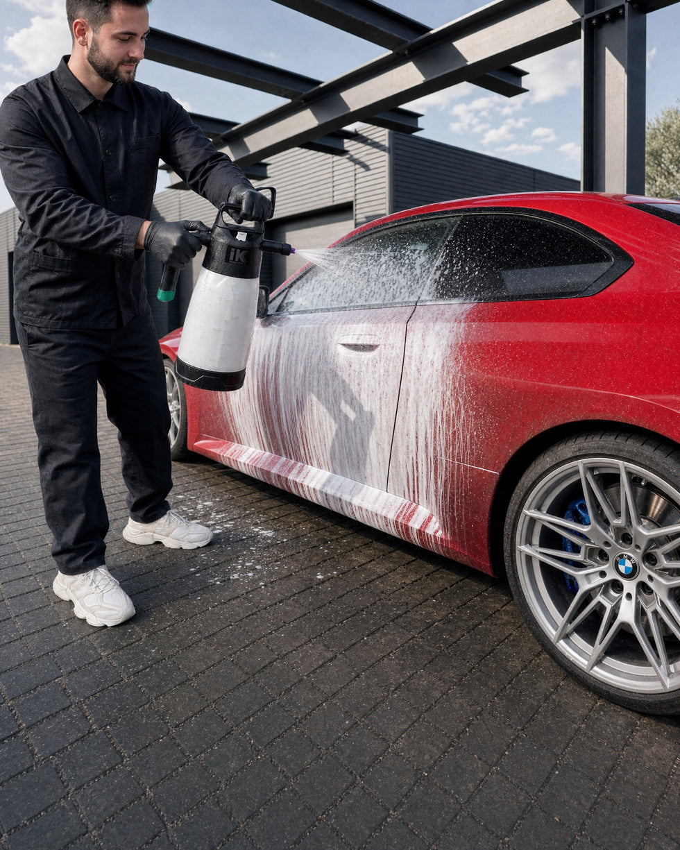 Detailing1 iK Sprayers iK Foam Pro 2: dichter Vorwäsche-Schaum auf rotem BMW M2 (Mobile)