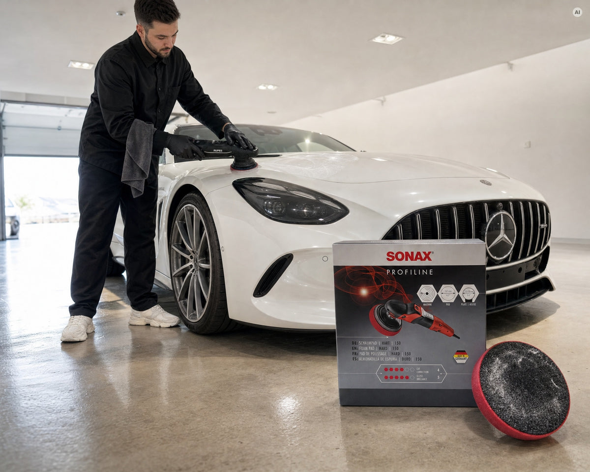 Detailing1 SONAX PROFILINE schuimpad hard op een Rupes-excentriek op de motorkap van een witte Mercedes-AMG GT 63 (desktop)