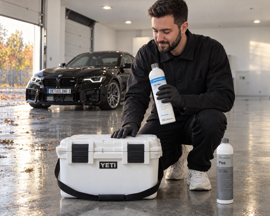 Daniel van Detailing1 met COLOURLOCK Pol Star bij de YETI LoadOut GoBox 30, ernaast Koch-Chemie Plast Star Pss, BMW M2