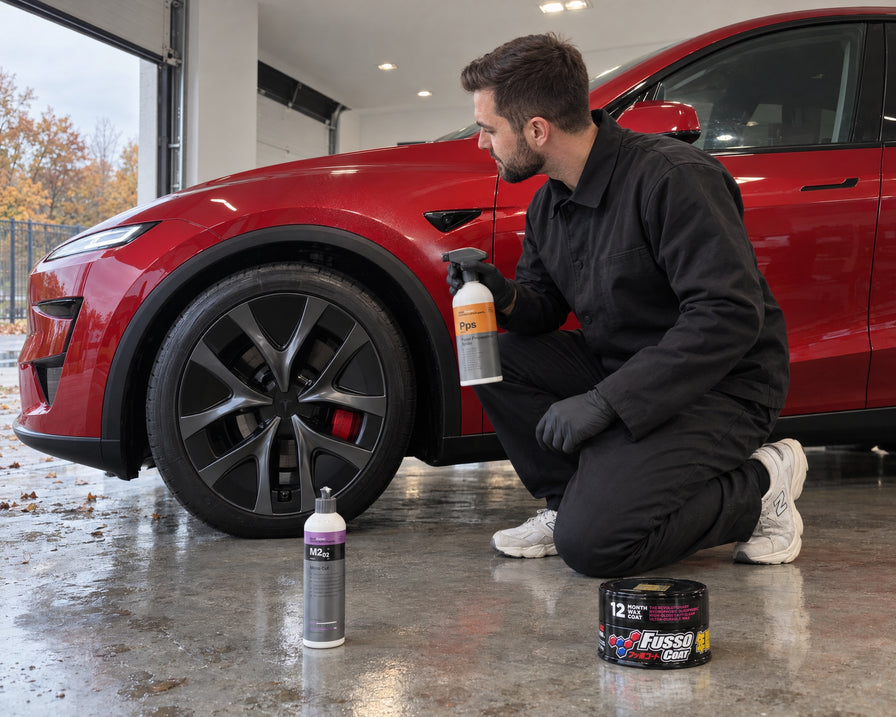Detailing1 Spotlight: Koch-Chemie Micro Cut M2.02, Pps en Soft99 Fusso Coat op de vloer naast een rode Tesla Model Y