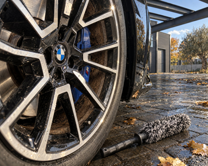 THE COLLECTION Flex Brush microvezel velgenborstel op nat plaveisel voor de remstofvelg van een zwarte BMW M5