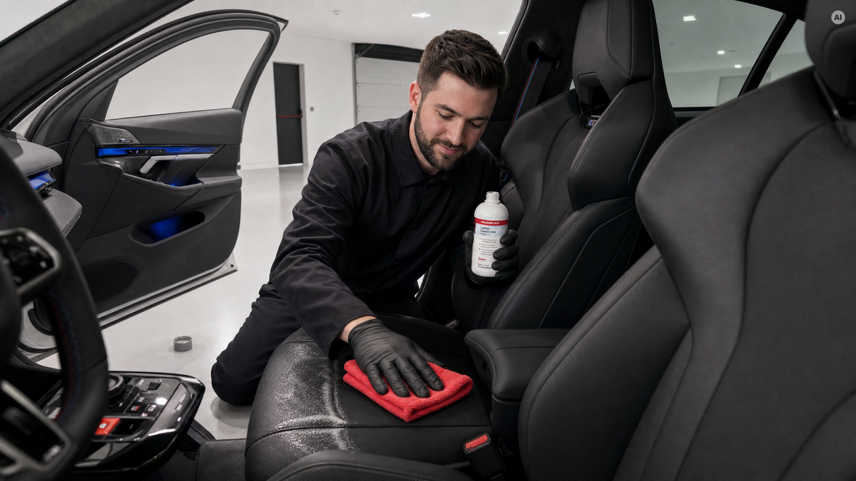 Sanfter Tuch-Pass mit Schaumschleier auf dem Ledersitz — Milder Lederreiniger von COLOURLOCK bei Detailing1