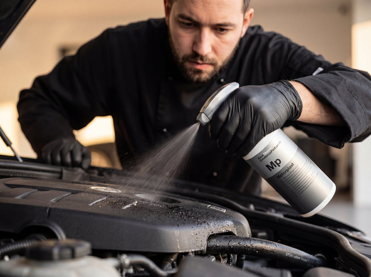 Koch-Chemie Motorplast Mp wird auf nassen Motorraum aufgesprueht Detailing1