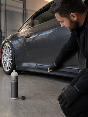 Daniel von Detailing1 trägt Koch-Chemie Plast Star Pss mit Schwamm an der schwarzen Schweller-Cladding eines Porsche 911