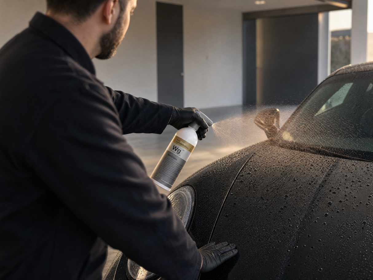 Aufsprühen von Koch-Chemie WetGloss Wg 500 ml auf nasse Motorhaube